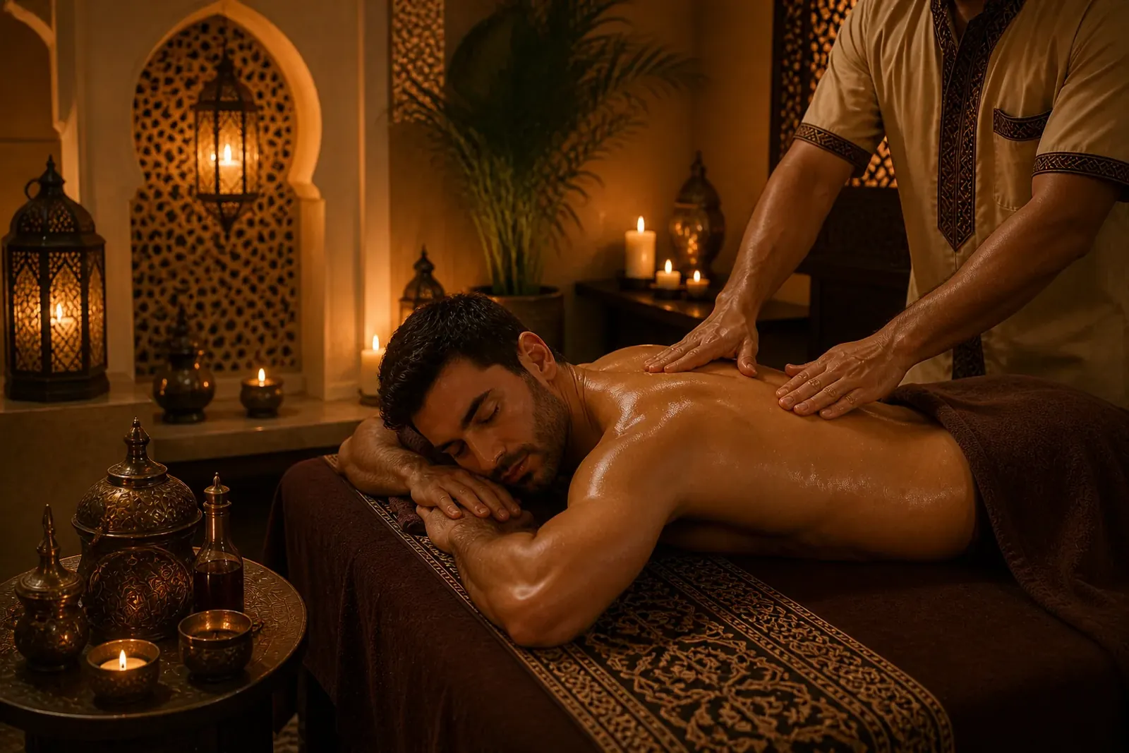Warm-lit Arabic massage suite at Vessa Thai Spa with lantern lighting and aromatic oils