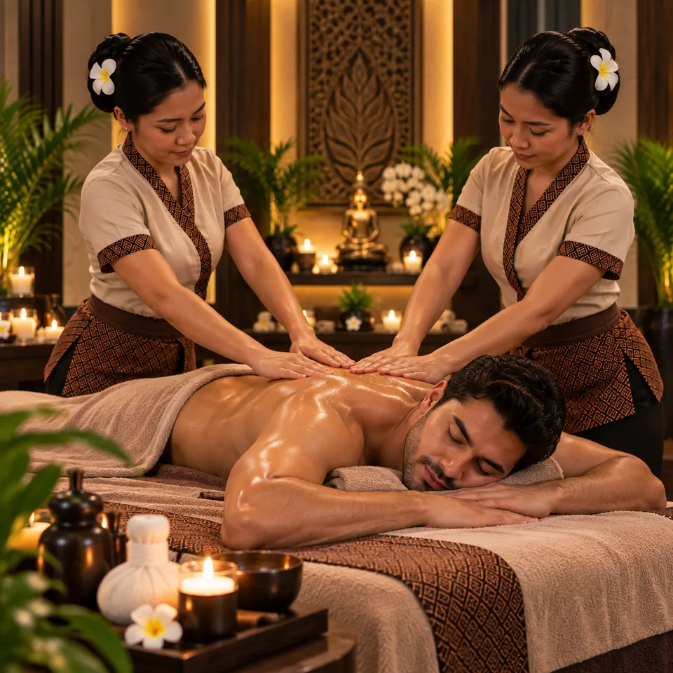 Two therapists performing a synchronised four-hand massage