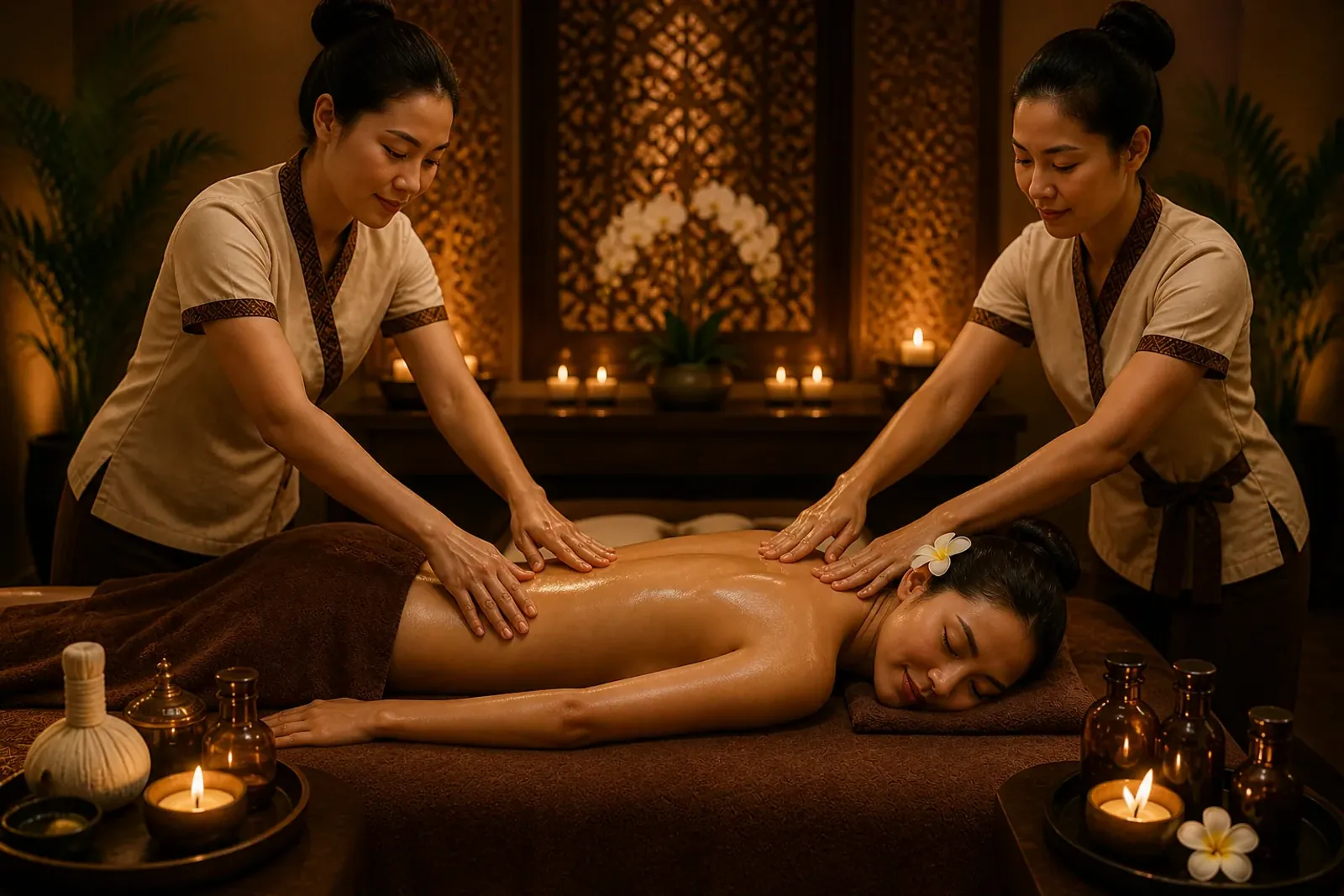 Four-hand massage suite at Vessa Thai Spa prepared for two therapists