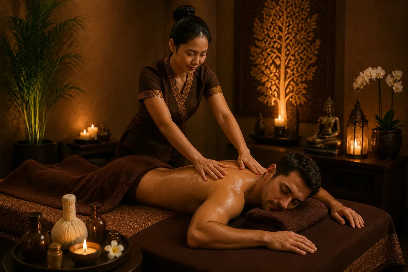 Full body massage room at Vessa Thai Spa with a prepared treatment bed and candlelight