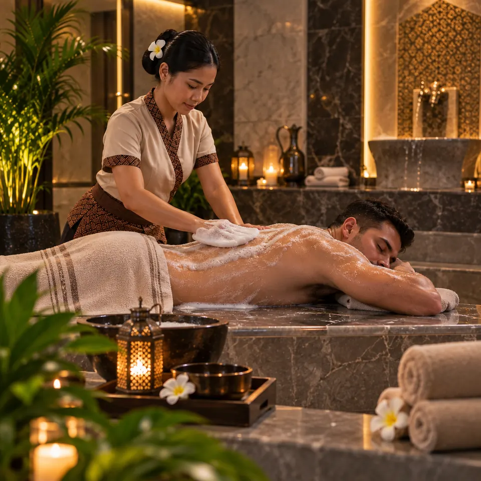 Kessa exfoliation on a heated marble slab in the hammam