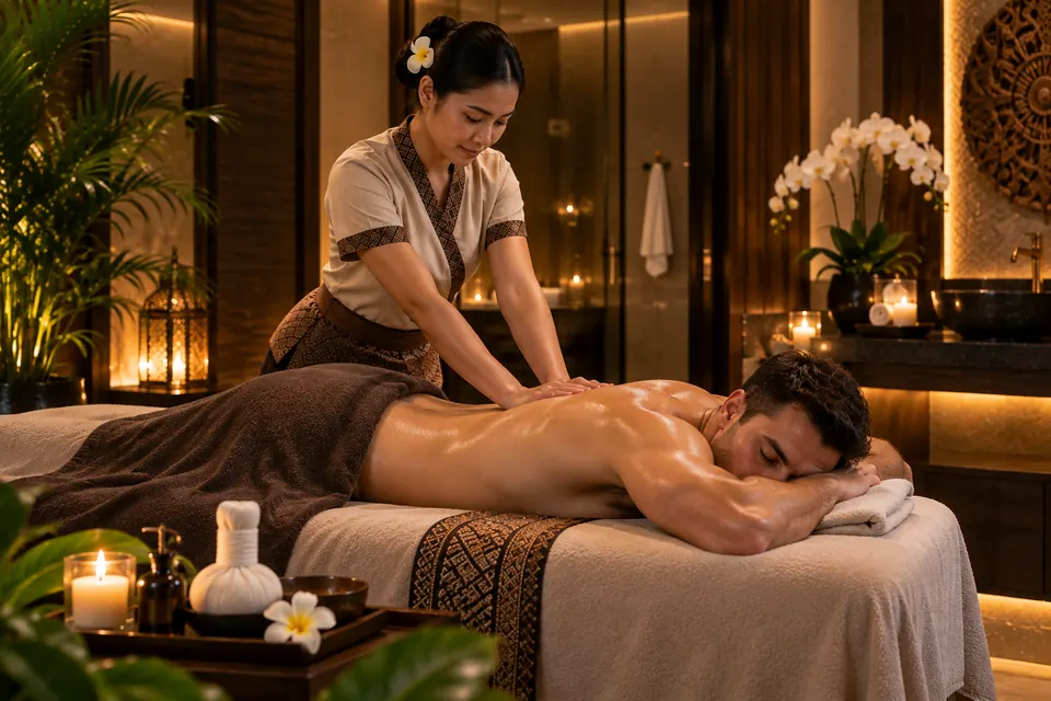 Full body oil massage on a treatment bed in a candle-lit room