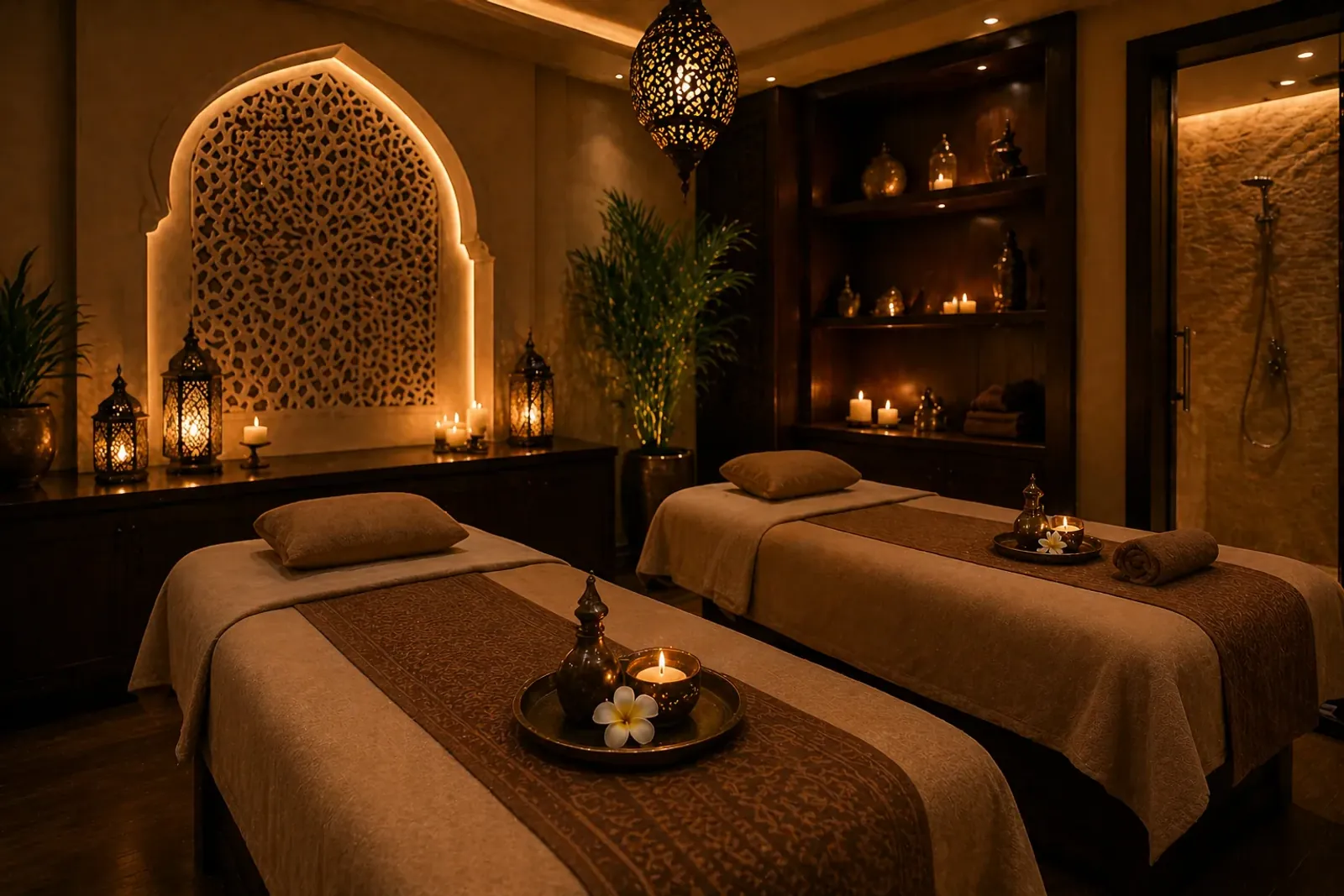 Candlelit twin treatment room with lantern lighting at Vessa Thai Spa