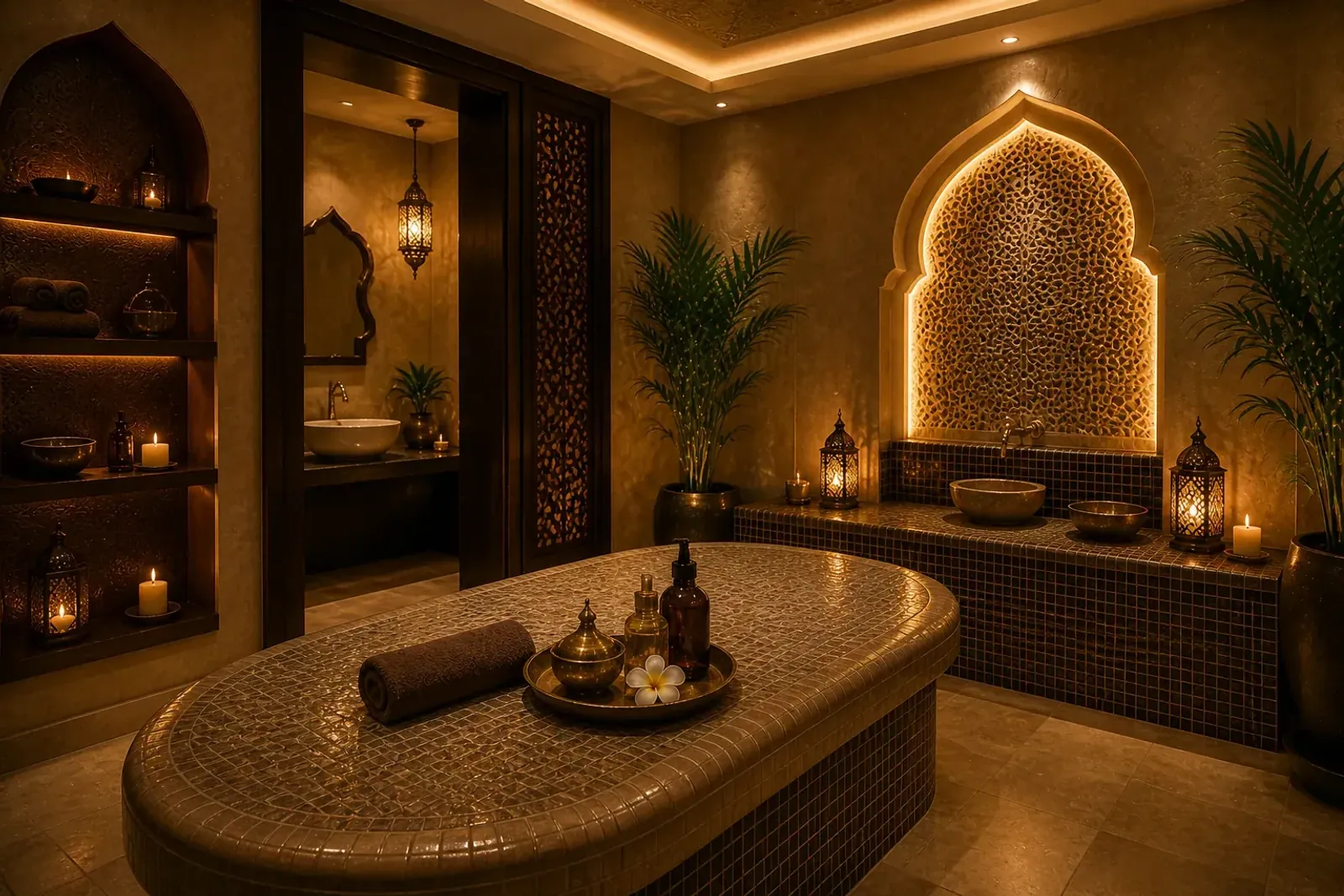 Mosaic-tiled hammam room with a heated stone slab at Vessa Thai Spa