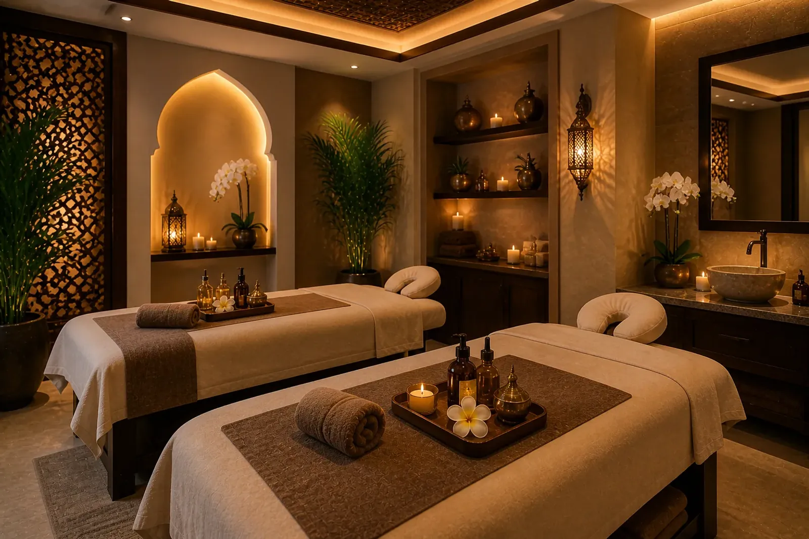 Twin treatment beds prepared with oils and towels at Vessa Thai Spa, Dubai