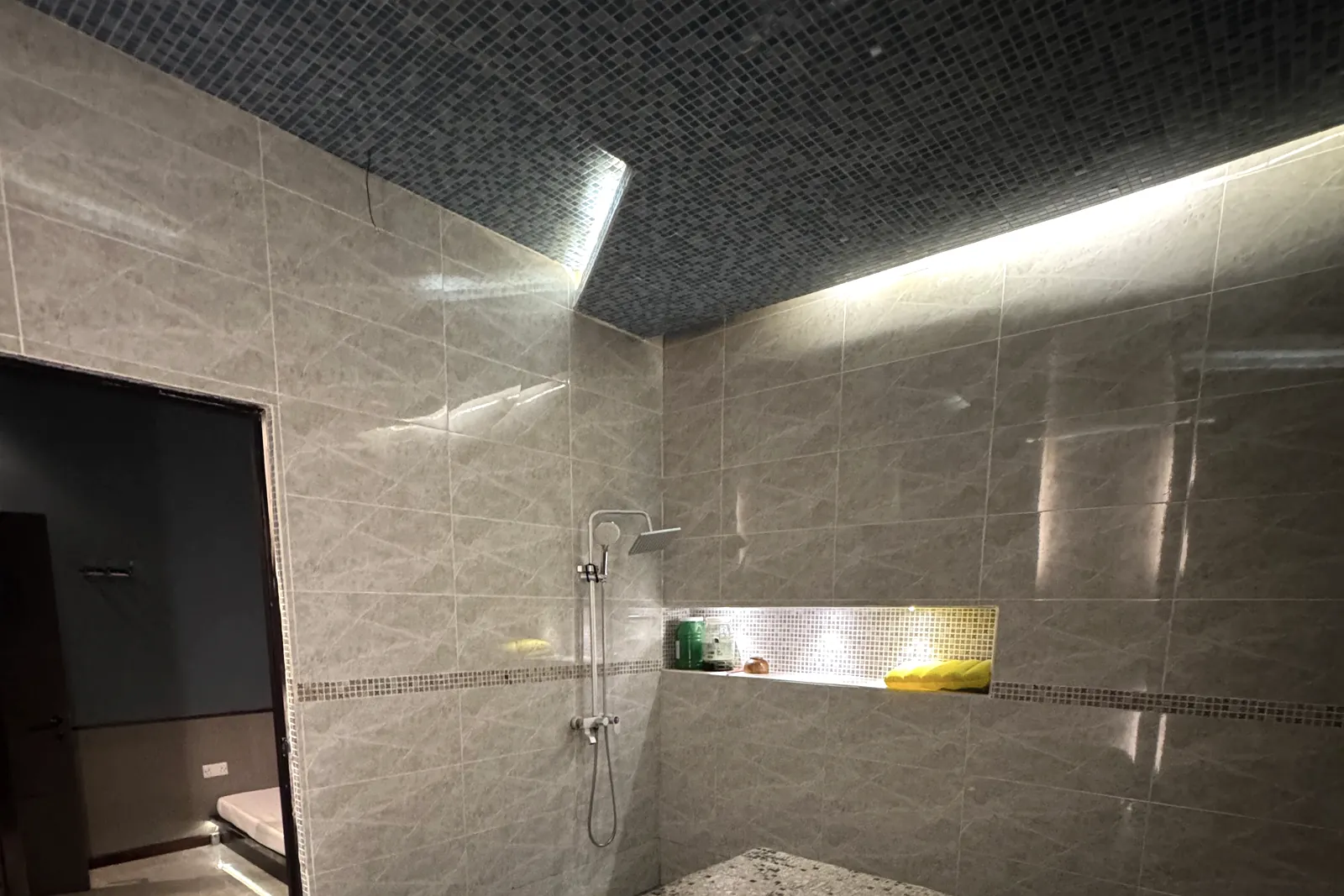 The tiled wet room used for the Moroccan bath at Vessa Thai Spa