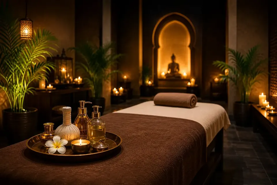 Treatment bed with oils and candles prepared for a Swedish massage