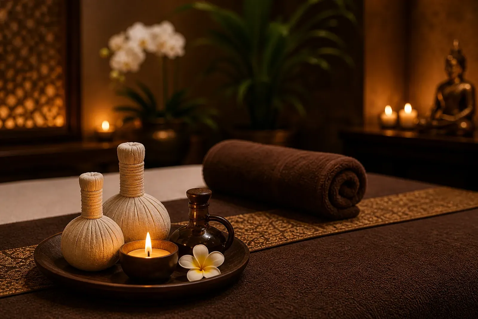Thai herbal compress and massage oils arranged on a brass tray