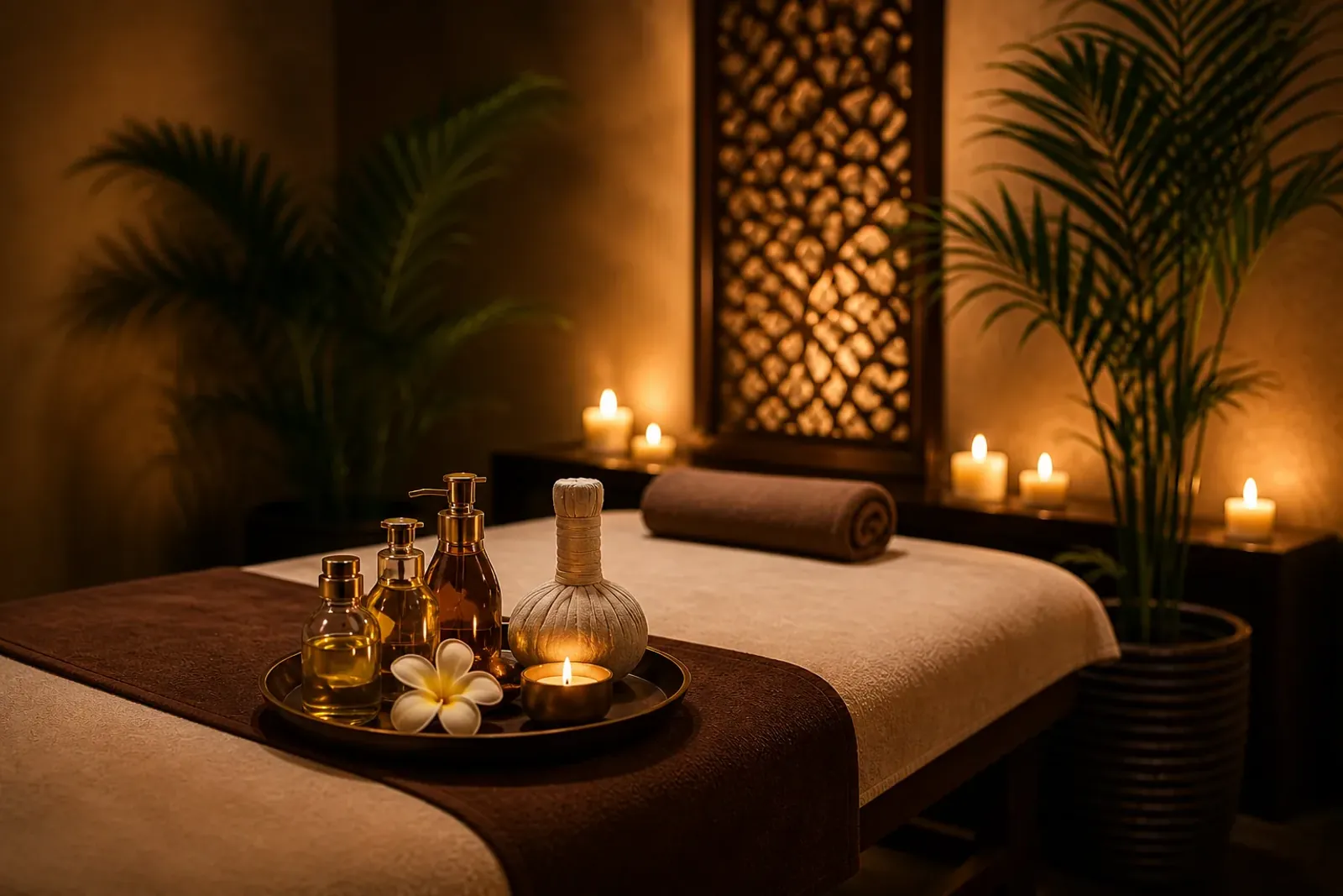 Treatment room at Vessa Thai Spa prepared with oils and a herbal compress