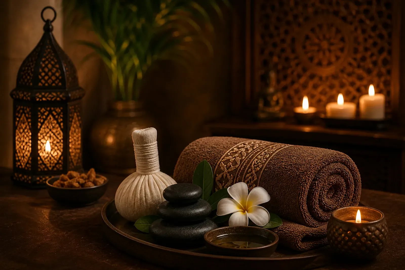 Herbal compress, hot stones and rolled towels prepared for a treatment at Vessa Thai Spa